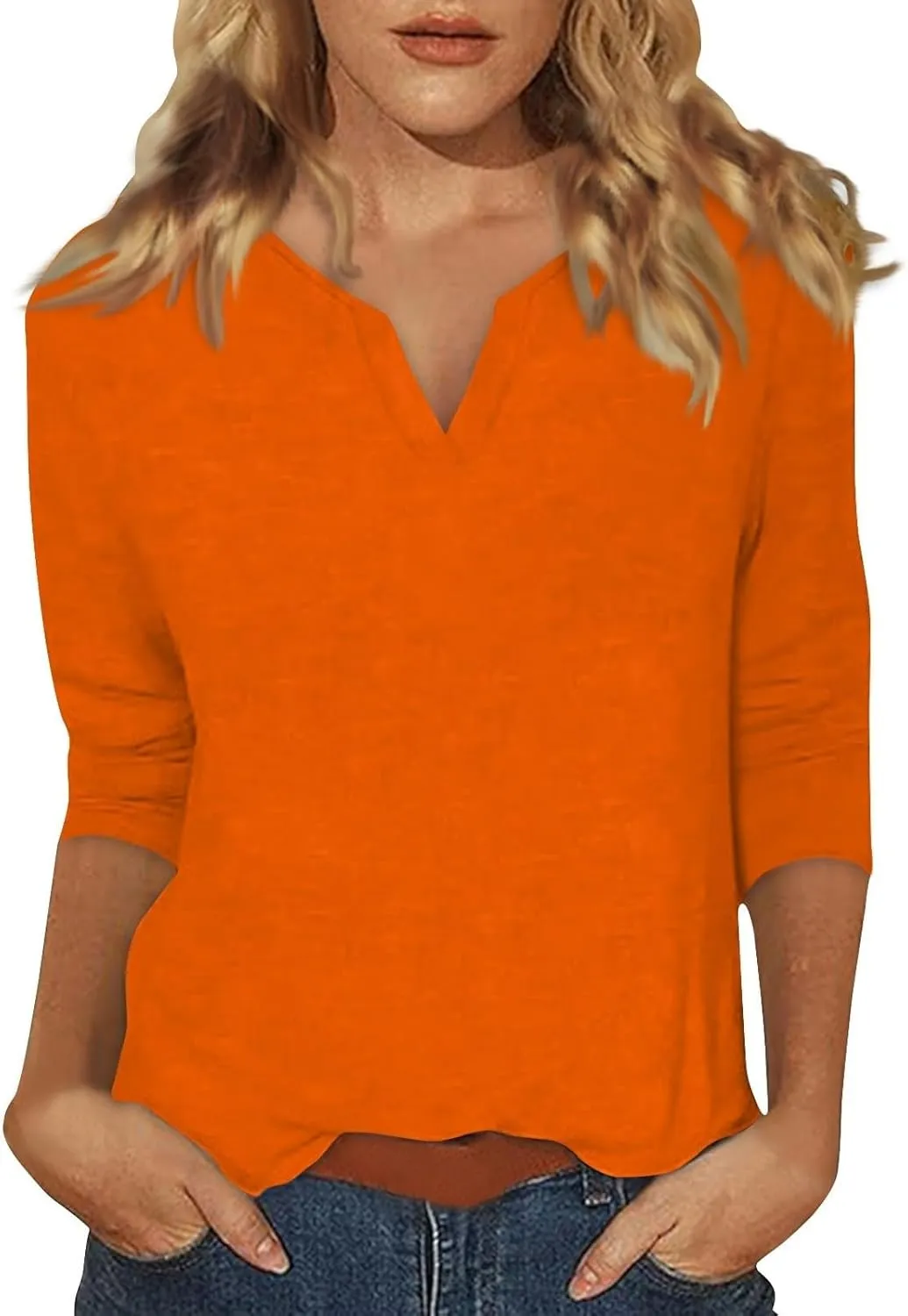 3/4 Sleeve Tops for Women Summer Notched V Neck Plain T Shirts Casual Cute Three Quarter Length Dressy Blouses