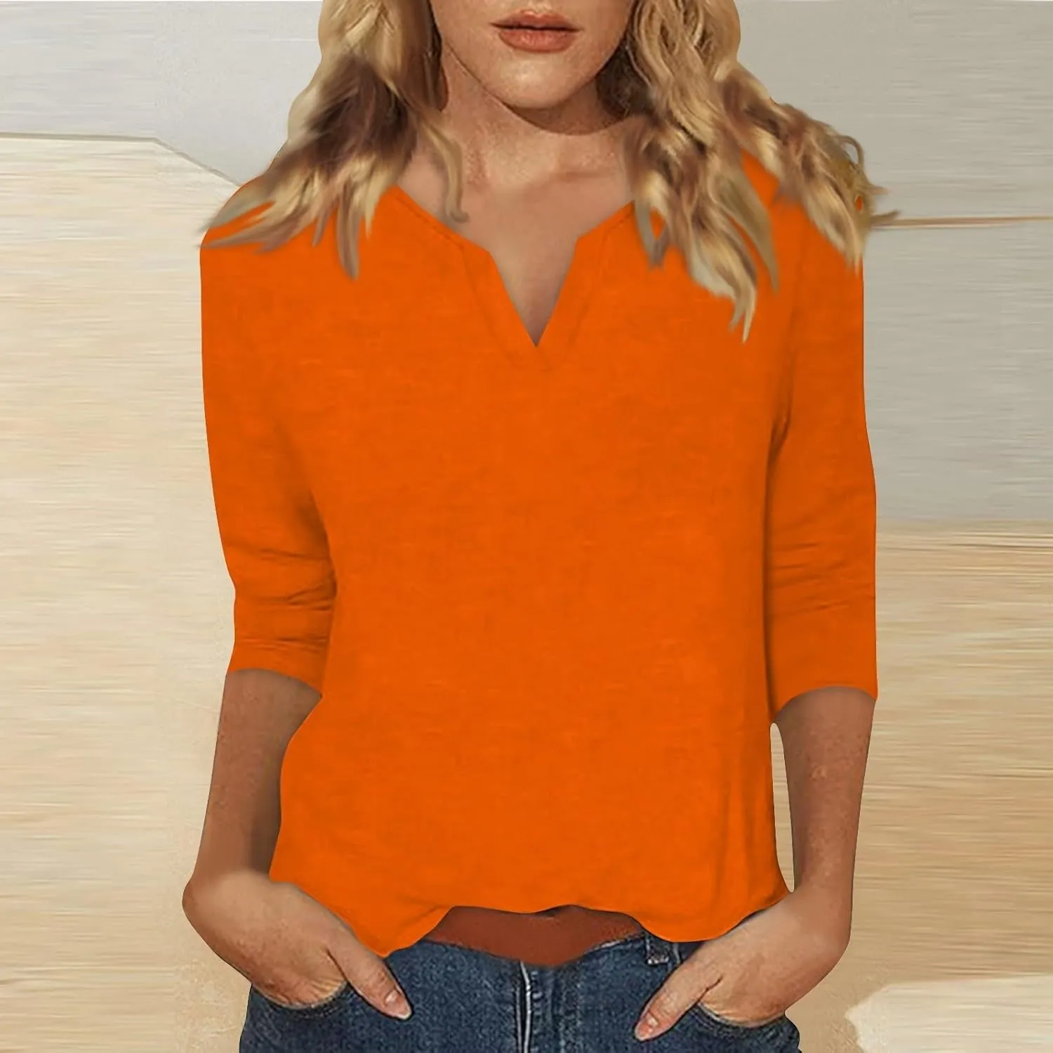 3/4 Sleeve Tops for Women Summer Notched V Neck Plain T Shirts Casual Cute Three Quarter Length Dressy Blouses