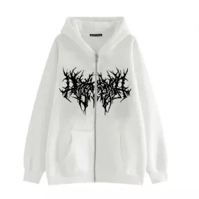 Aobiono Women Men Y2K Zip Up Hoodie Oversized Gothic Emo Grunge Graphic Baggy Alt Streetwear Unisex Vintage Fleece Jacket 90s