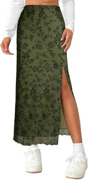 Avanova Women's Mesh Slit Split Long Skirts High Waisted Sexy Summer Maxi Skirts