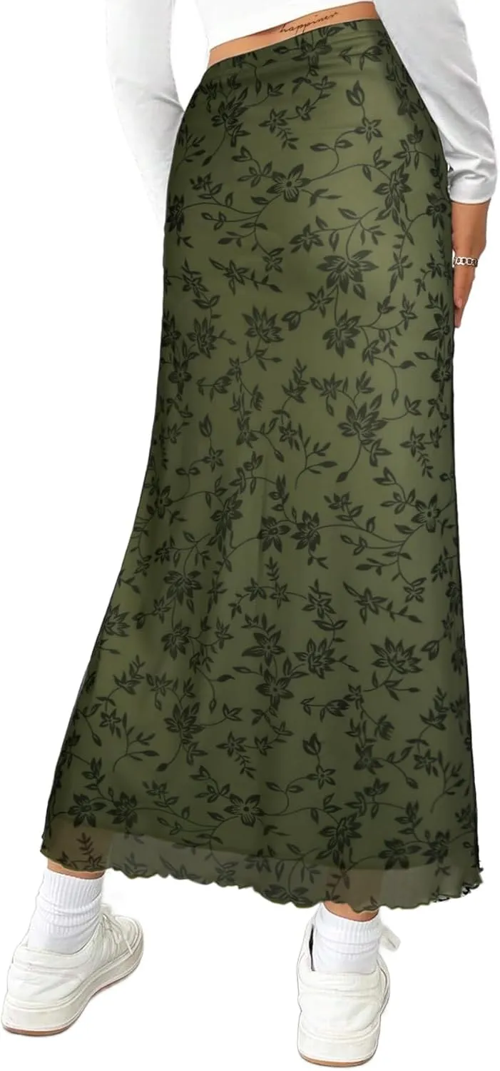 Avanova Women's Mesh Slit Split Long Skirts High Waisted Sexy Summer Maxi Skirts