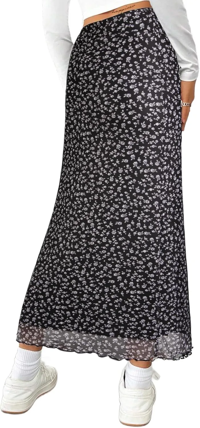 Avanova Women's Mesh Slit Split Long Skirts High Waisted Sexy Summer Maxi Skirts