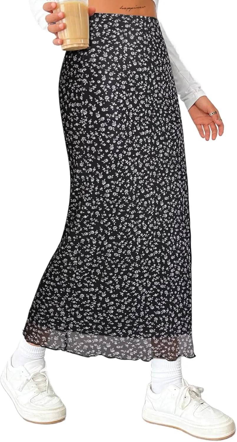 Avanova Women's Mesh Slit Split Long Skirts High Waisted Sexy Summer Maxi Skirts