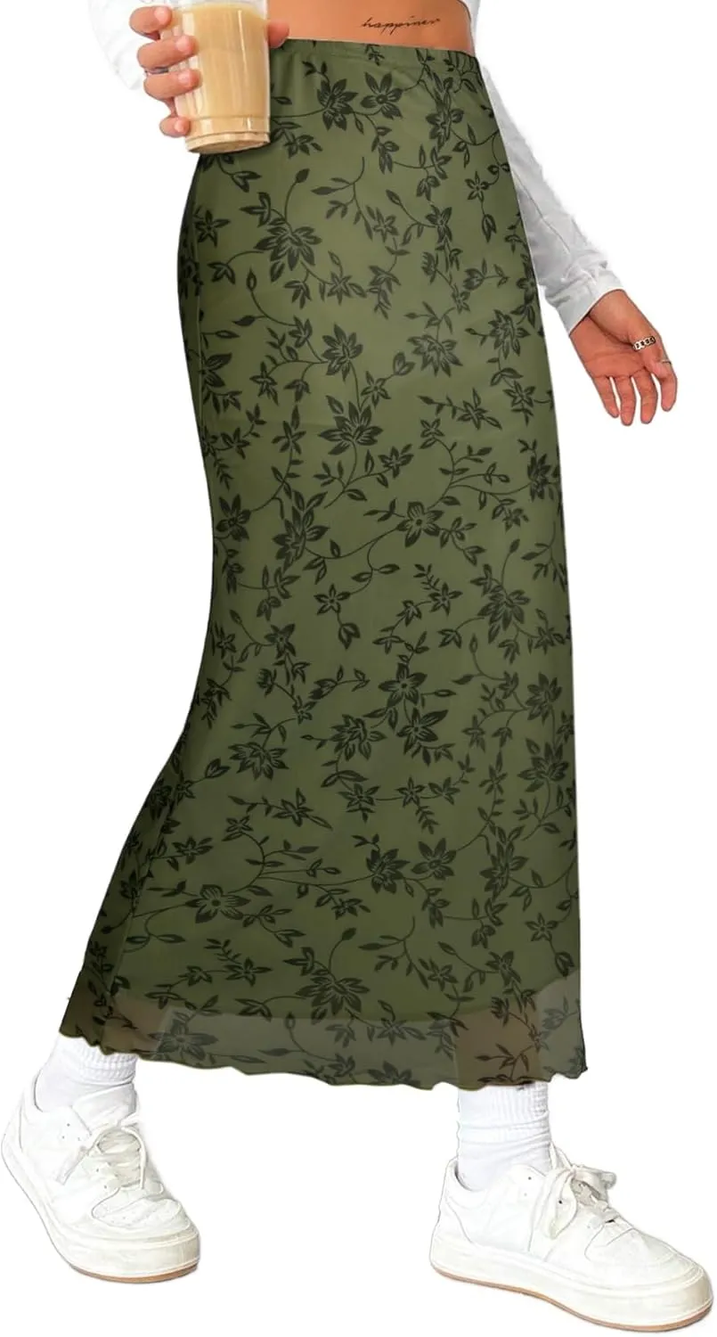 Avanova Women's Mesh Slit Split Long Skirts High Waisted Sexy Summer Maxi Skirts