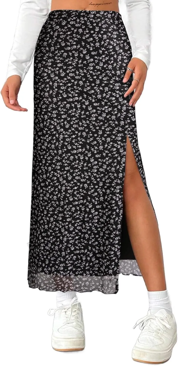 Avanova Women's Mesh Slit Split Long Skirts High Waisted Sexy Summer Maxi Skirts