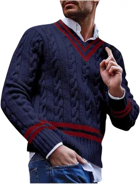 Cable Knit Sweater for Men V Neck Loose Comfort Soft Color Block Sweaters Striped Fashion Long Sleeve Casual Jumper