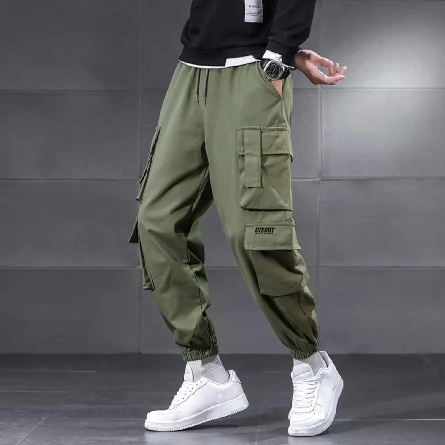 Cargo Pants for Men Relaxed Fit Cotton Pants with Elastic Waistband and Zipper Pockets Men's Joggers Sweatpants Gym