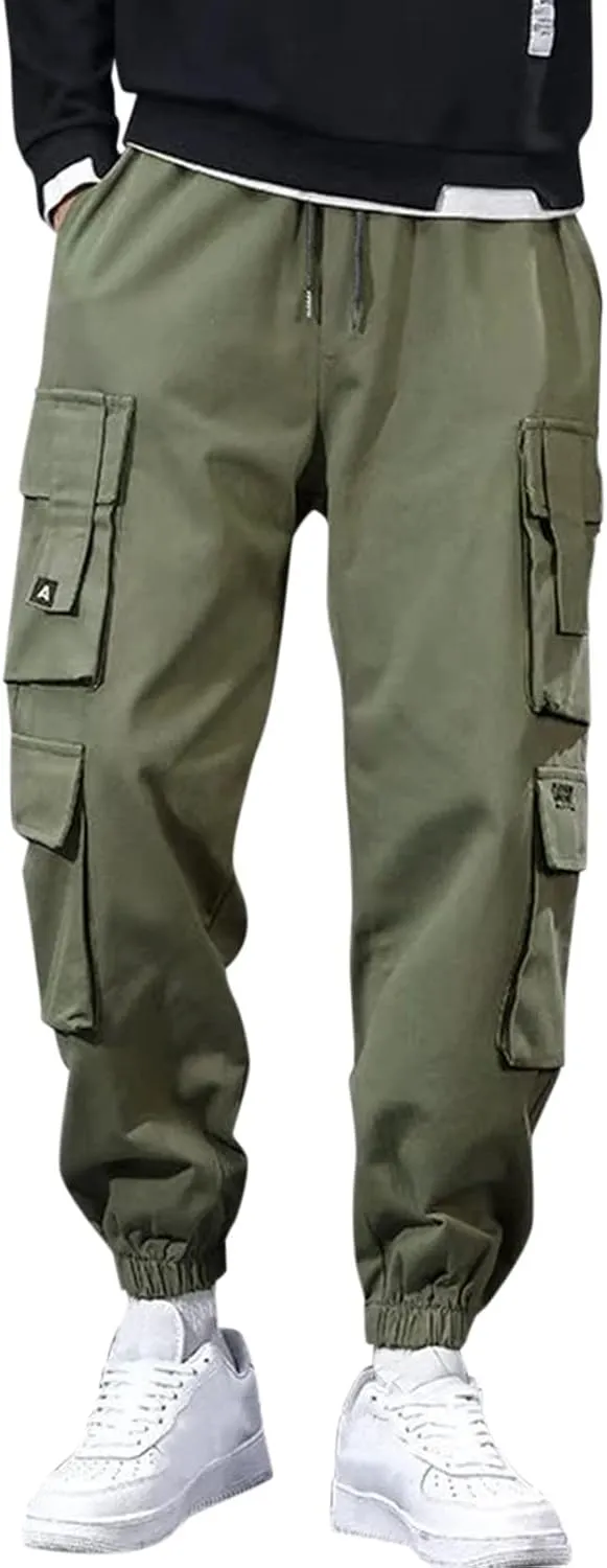 Cargo Pants for Men Relaxed Fit Cotton Pants with Elastic Waistband and Zipper Pockets Men's Joggers Sweatpants Gym
