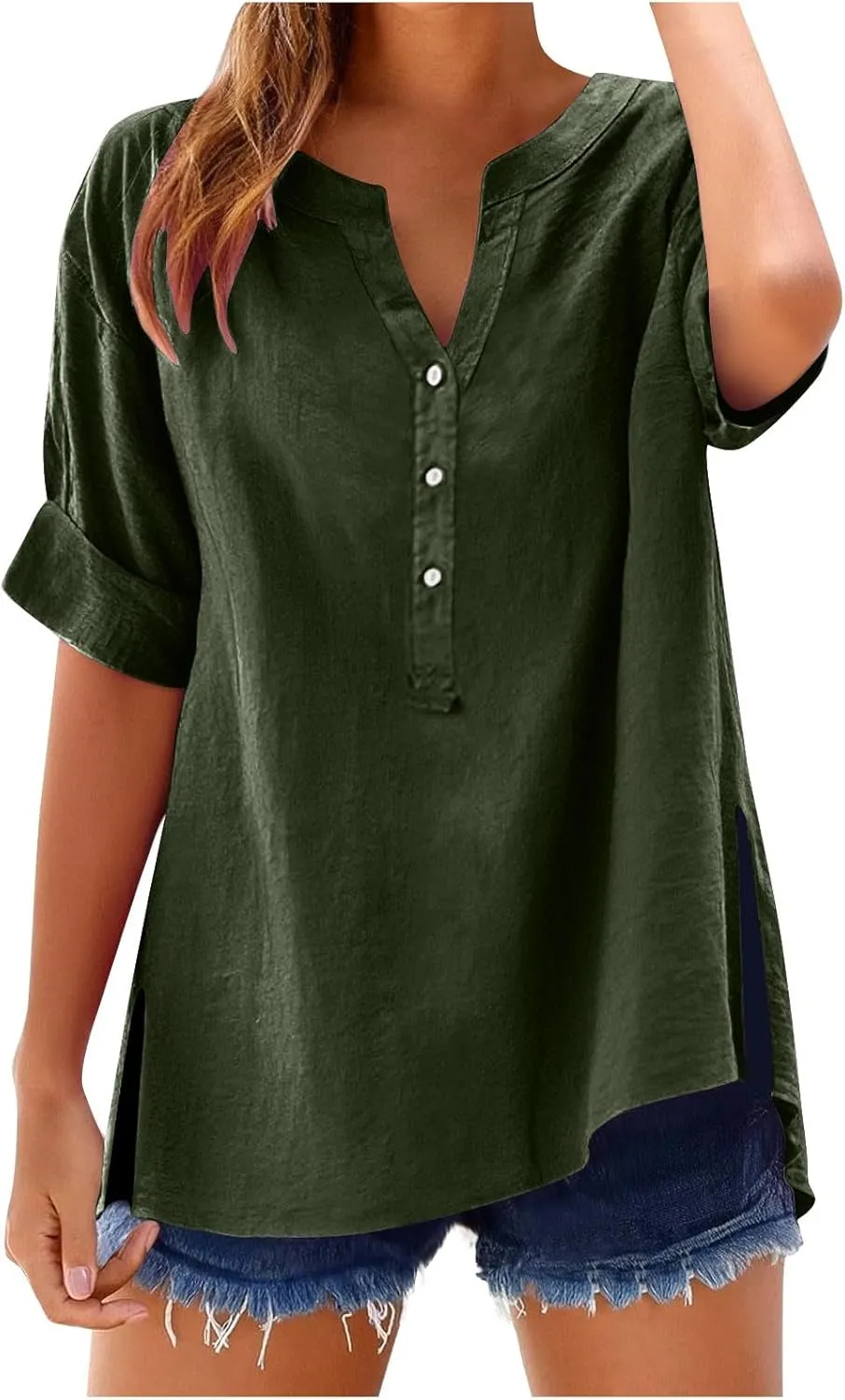 Cbcbtwo Womens Short Sleeve Linen Henley Tops 2025 V Neck Dressy Casual Loose Fit Shirts Summer Going Out Flowy Blouses