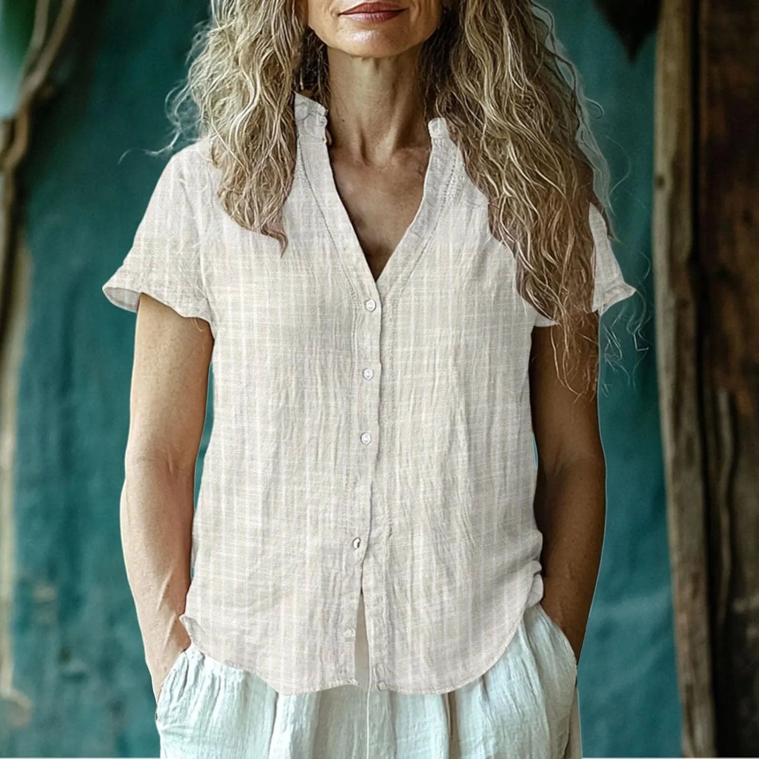 Cotton Linen Shirts for Women Summer Button Down Tops Short Sleeve Dressy Casual Blouses Bohemian Gauze Tshirts