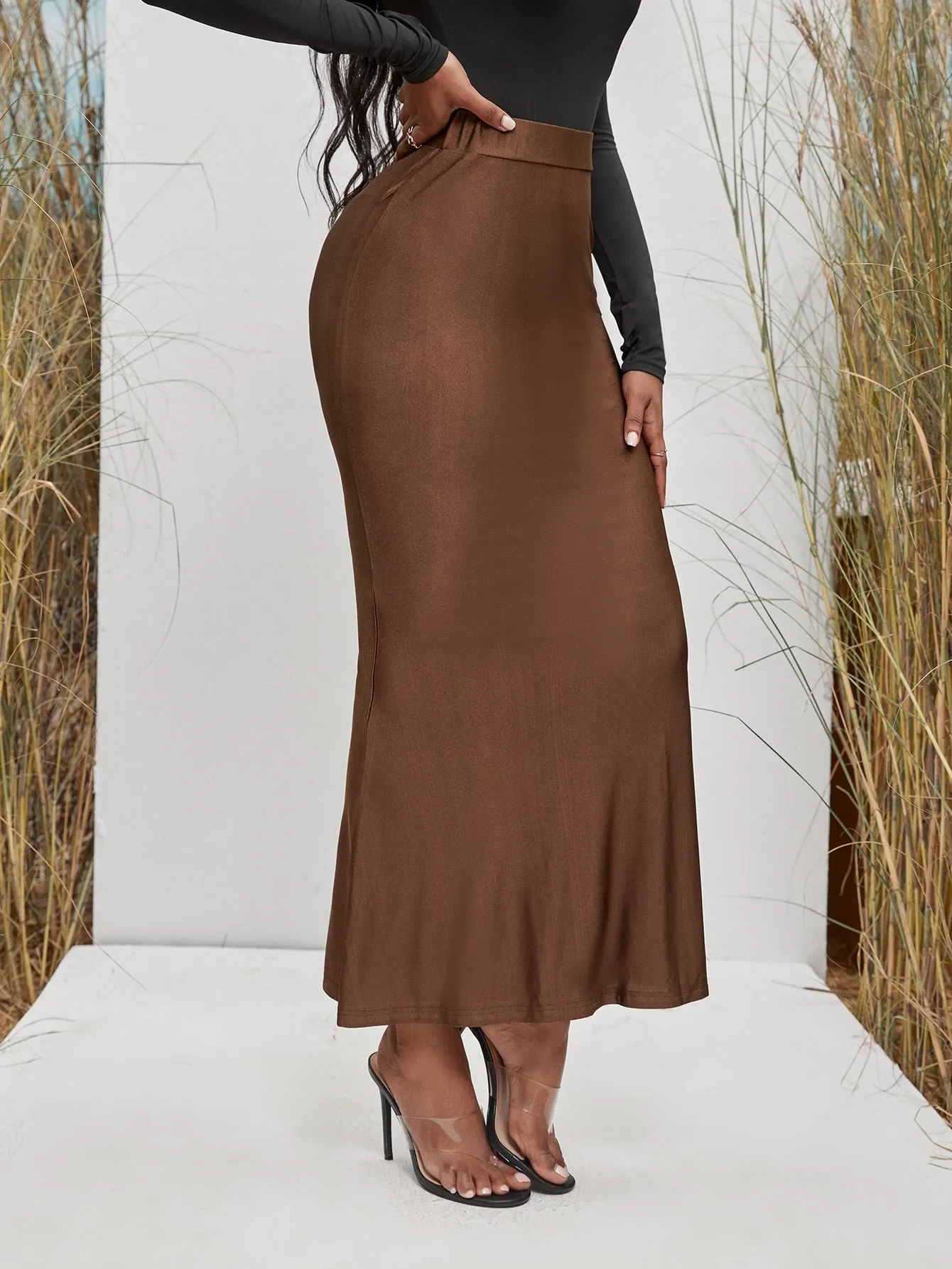 Elegant Plain High Waist Long Women Skirts