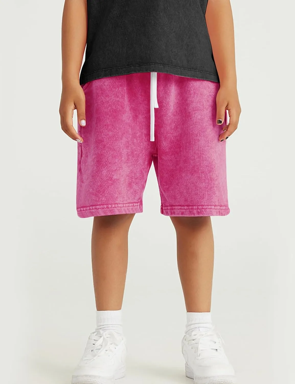 Flygo 2 Pack Boys Girls Cotton Shorts Acid Washed Active Pull On Jogger Shorts Kids Casual Athletic Loose Fit 5-14Y