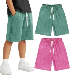 Flygo 2 Pack Boys Girls Cotton Shorts Acid Washed Active Pull On Jogger Shorts Kids Casual Athletic Loose Fit 5-14Y