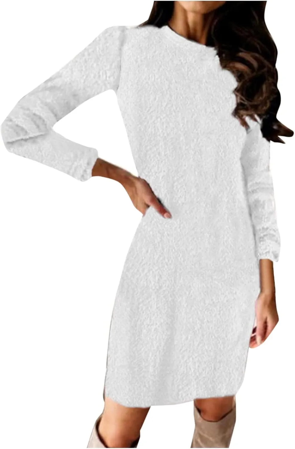 Furry Sweater Dress 2024 Women Fuzzy Fleece Sweatshirts Oversize Warm Winter Comfy Soft Plush Pullover Jumper Dresses