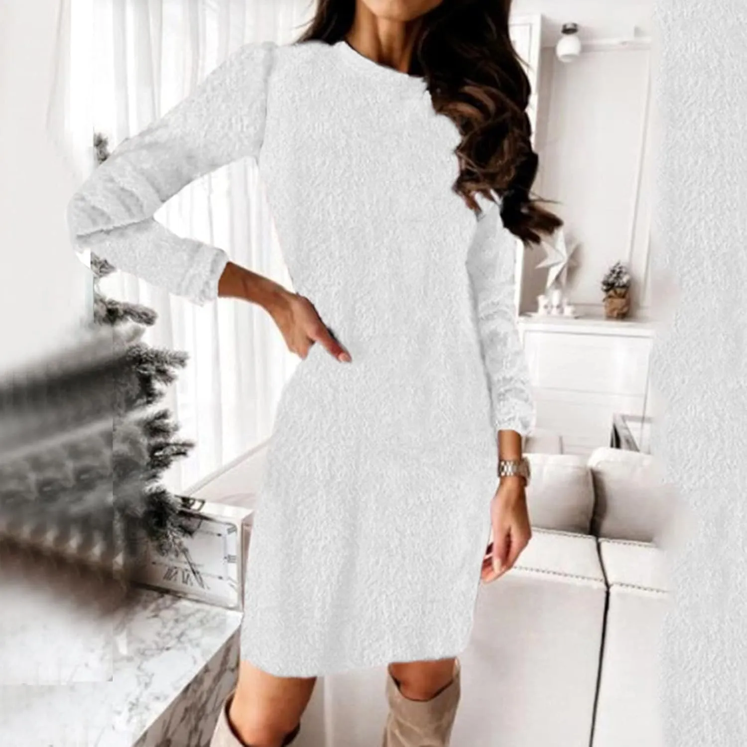 Furry Sweater Dress 2024 Women Fuzzy Fleece Sweatshirts Oversize Warm Winter Comfy Soft Plush Pullover Jumper Dresses
