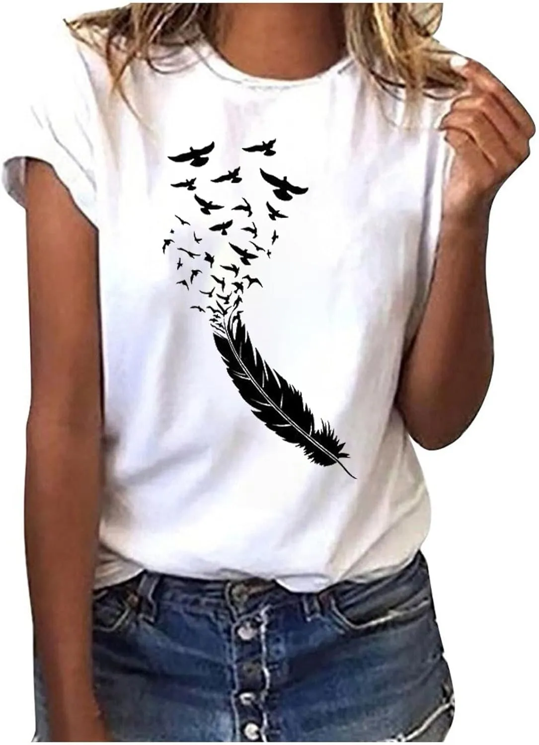 Graphic Tees for Women Short Sleeve Crewneck Shirt Summer Fashion Feather Print Causal Beach Loose Blouse Going Out