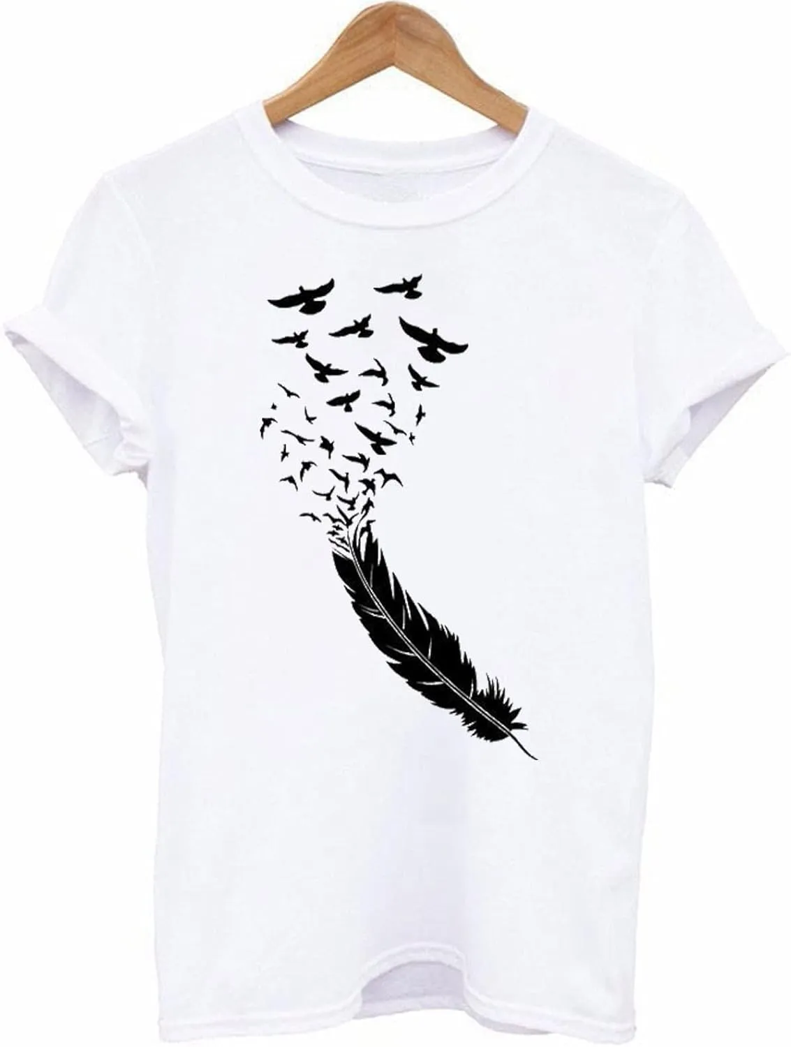 Graphic Tees for Women Short Sleeve Crewneck Shirt Summer Fashion Feather Print Causal Beach Loose Blouse Going Out