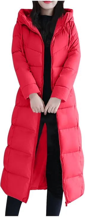 HGps8w Women's Plus Size Long Winter Quilted Coats Maxi Length Warm Hooded Puffer Jackets Long Sleeve Padded Down Outerwear
