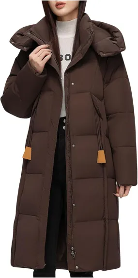 HGps8w Women's Puffy Winter Hooded Down Coat Thickened Long Quilted Puffer Jacket Insulated Parkas Outerwear with Pockets