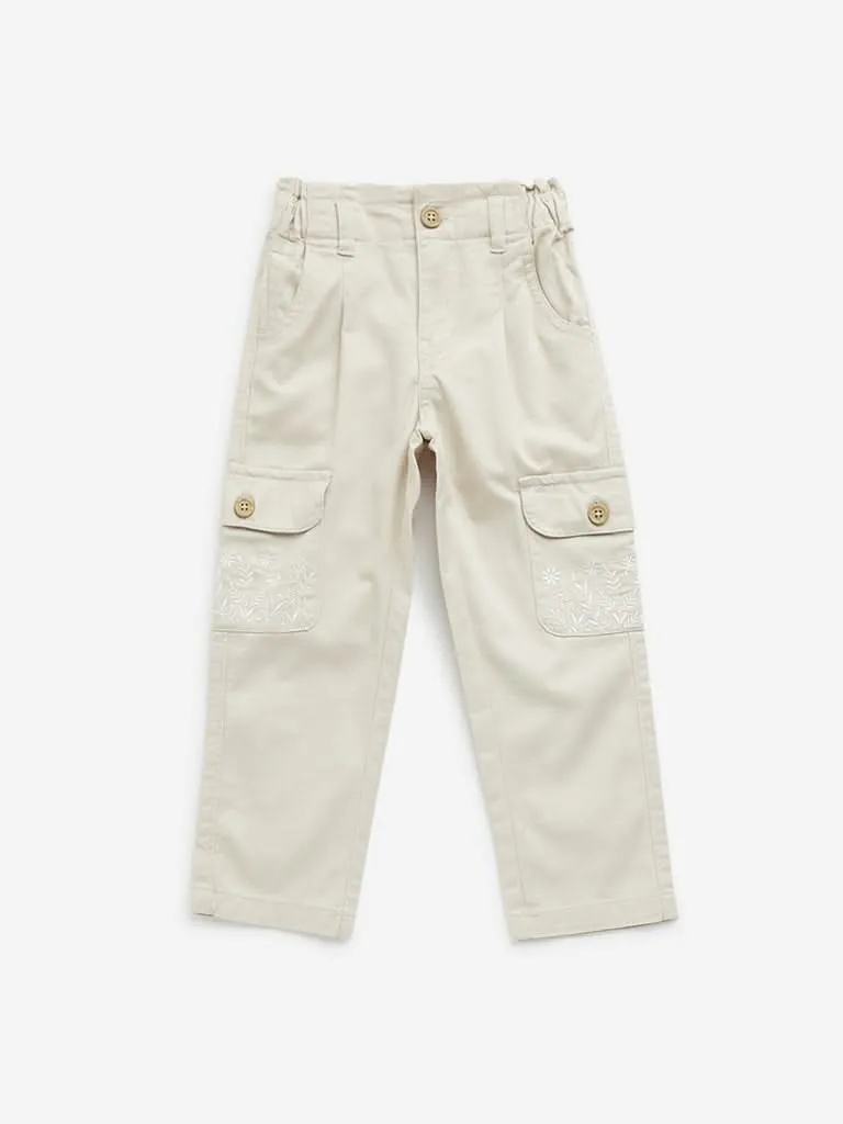 HOP Kids Beige Floral Embroidered High-Rise Cotton Trousers
