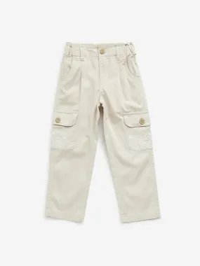 HOP Kids Beige Floral Embroidered High-Rise Cotton Trousers