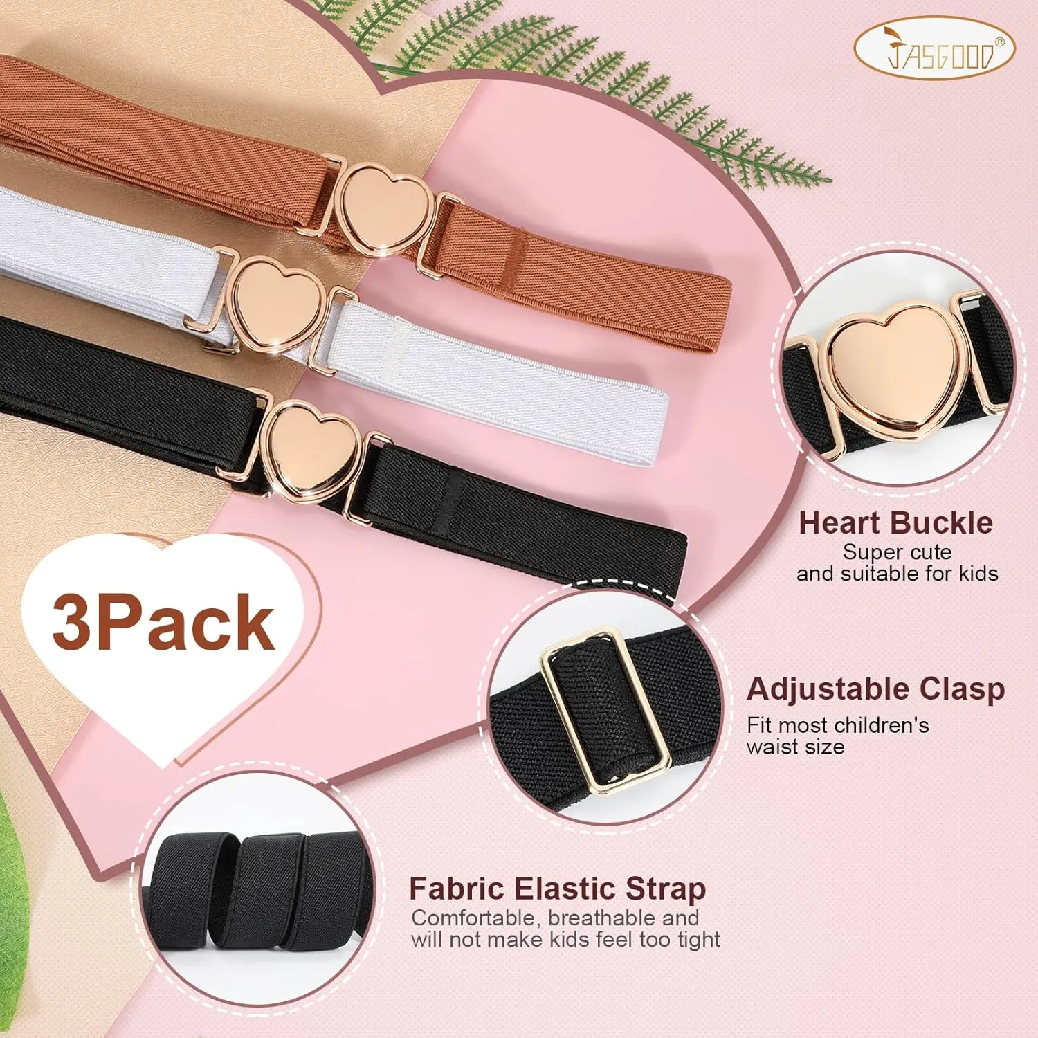 JASGOOD Elastic Belts for Toddler Kids Adjustable Boys Girls Teens Stretch Belts with Heart Buckle for Back to School