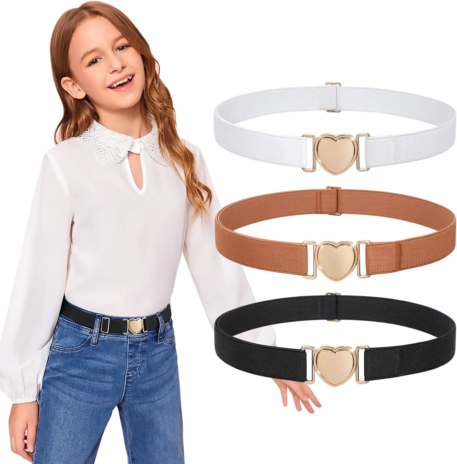 JASGOOD Elastic Belts for Toddler Kids Adjustable Boys Girls Teens Stretch Belts with Heart Buckle for Back to School