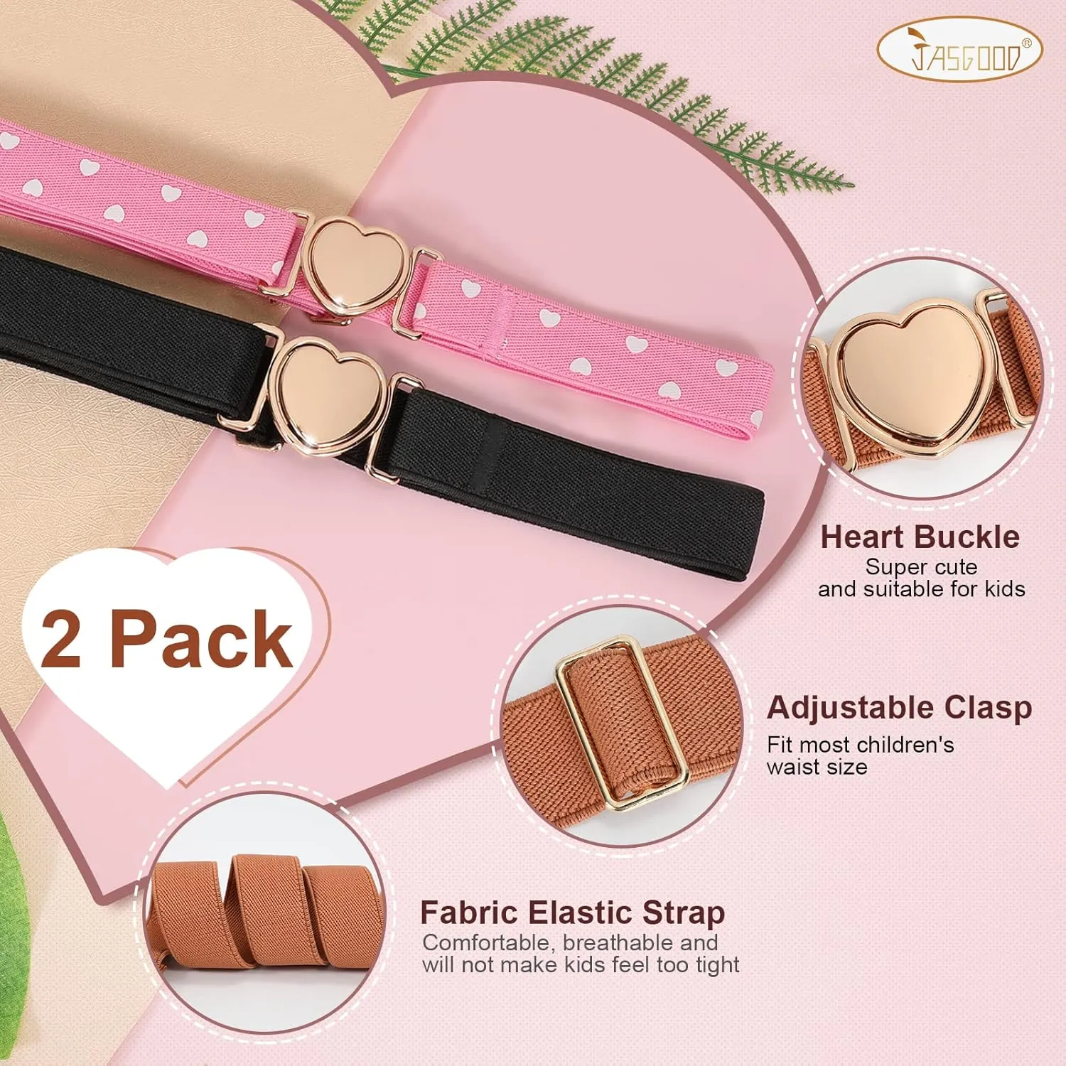 JASGOOD Elastic Belts for Toddler Kids Adjustable Boys Girls Teens Stretch Belts with Heart Buckle for Back to School