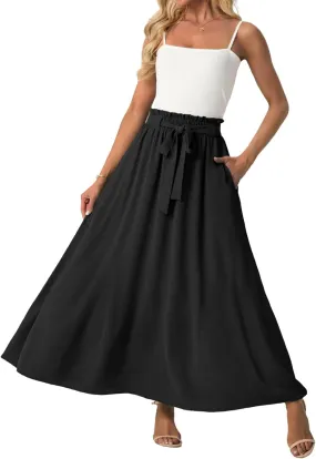 Lepunuo Womens Maxi Skirts Casual Boho Elastic High Waisted Flowy Long Skirts Trendy Floral Cute Skirts with Pockets