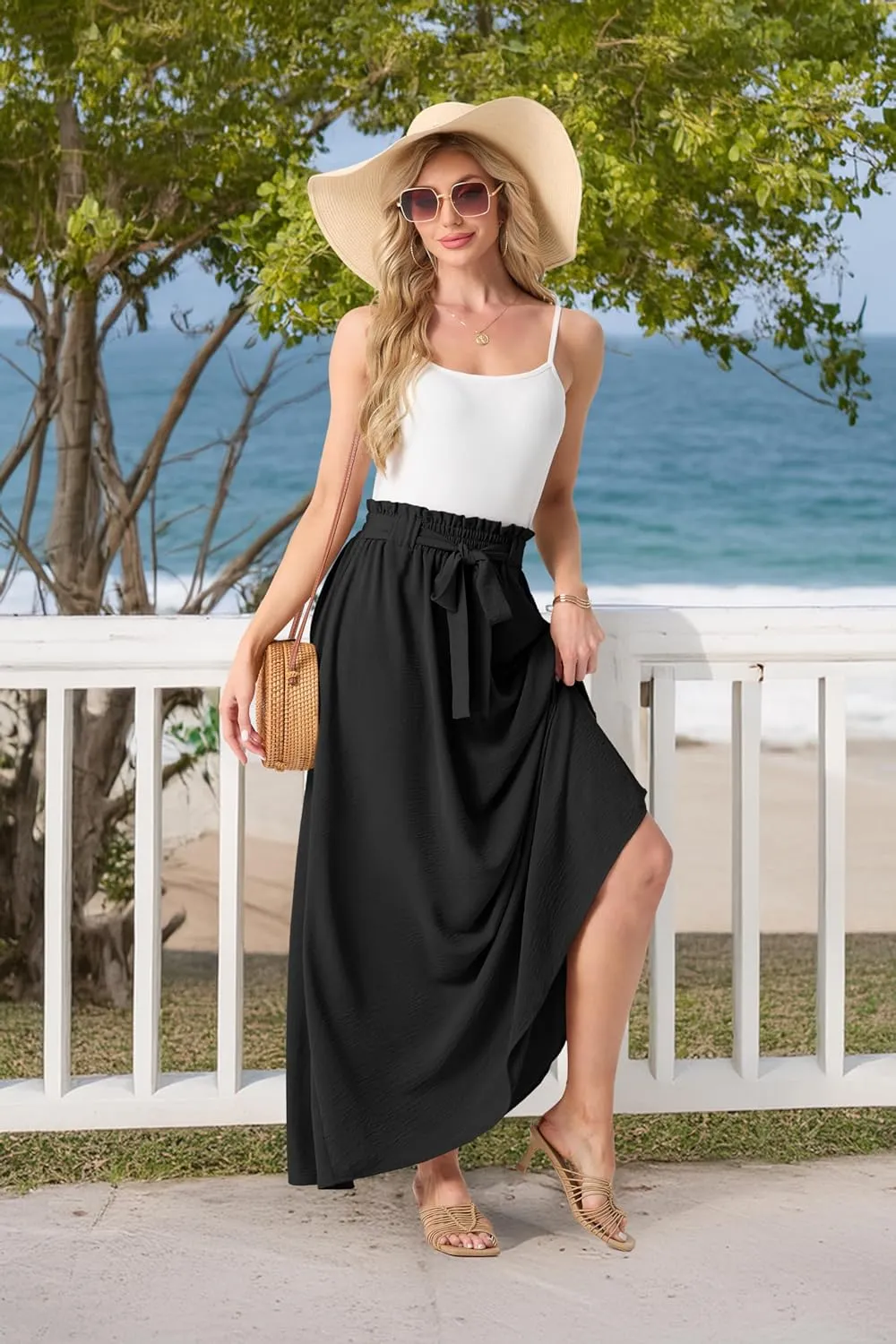 Lepunuo Womens Maxi Skirts Casual Boho Elastic High Waisted Flowy Long Skirts Trendy Floral Cute Skirts with Pockets