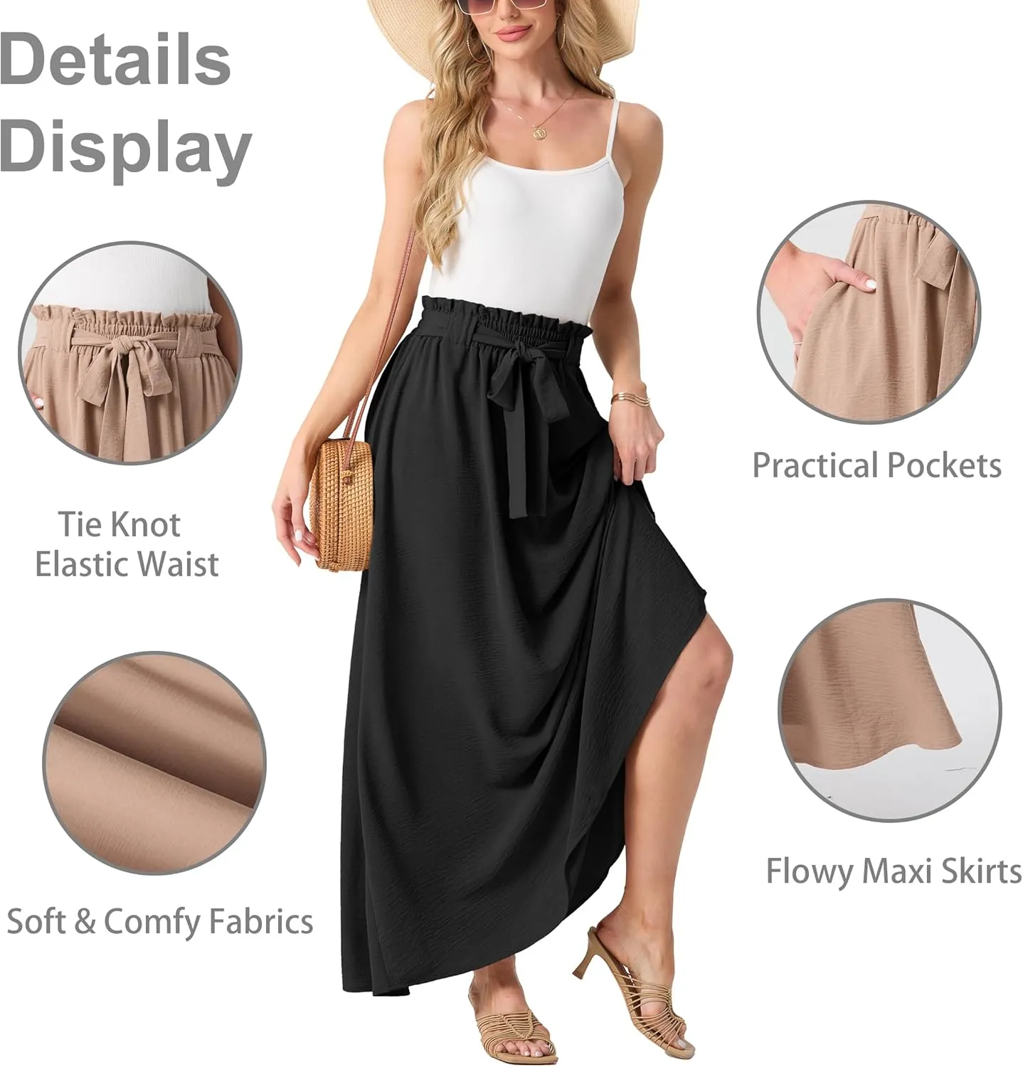 Lepunuo Womens Maxi Skirts Casual Boho Elastic High Waisted Flowy Long Skirts Trendy Floral Cute Skirts with Pockets