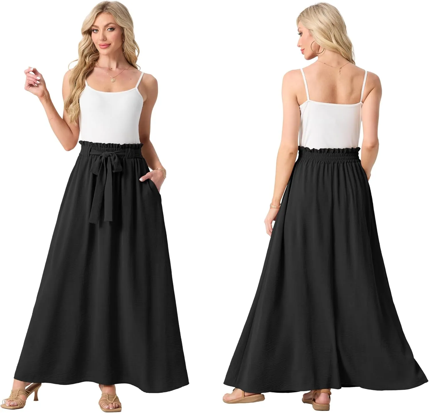 Lepunuo Womens Maxi Skirts Casual Boho Elastic High Waisted Flowy Long Skirts Trendy Floral Cute Skirts with Pockets