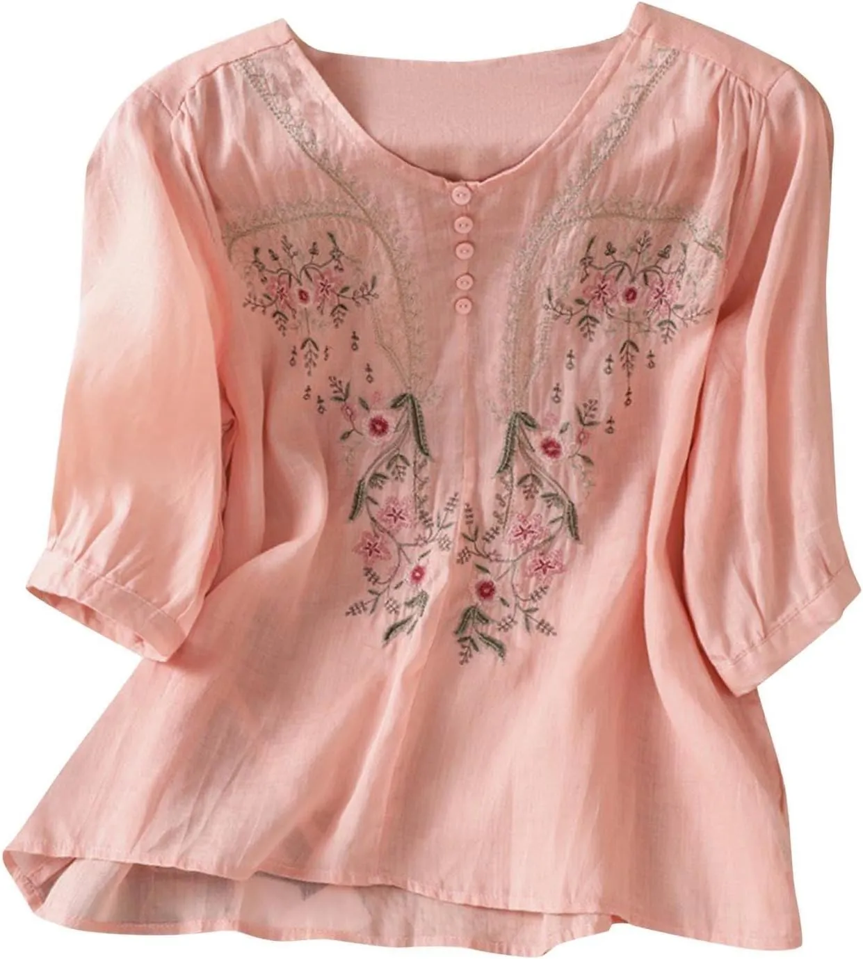Linen Shirts for Women Summer Cotton Linen Floral Embroidered 3/4 Sleeve Tops Retro Boho Ethnic Peasant Tunic Tshirt