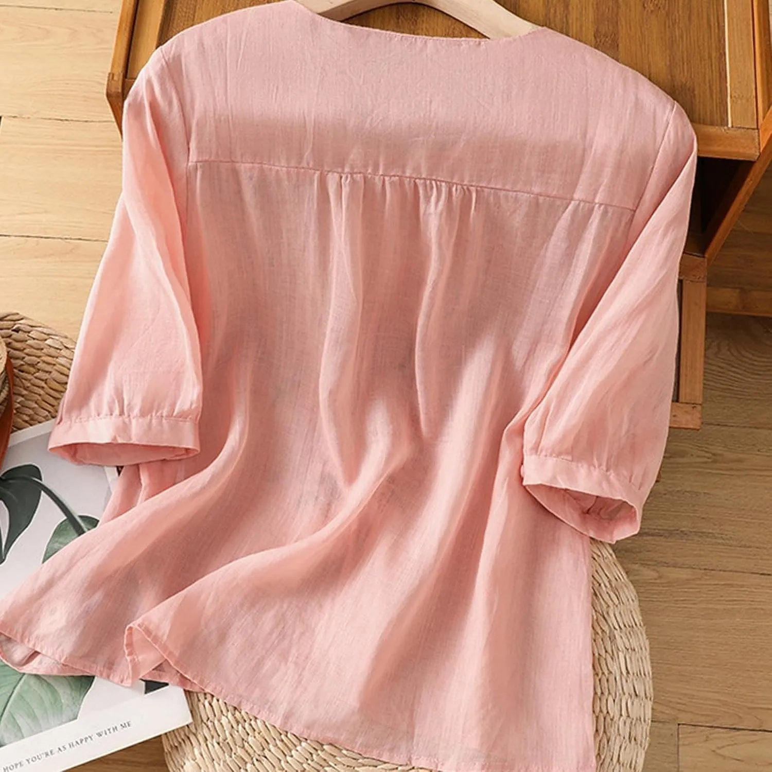 Linen Shirts for Women Summer Cotton Linen Floral Embroidered 3/4 Sleeve Tops Retro Boho Ethnic Peasant Tunic Tshirt