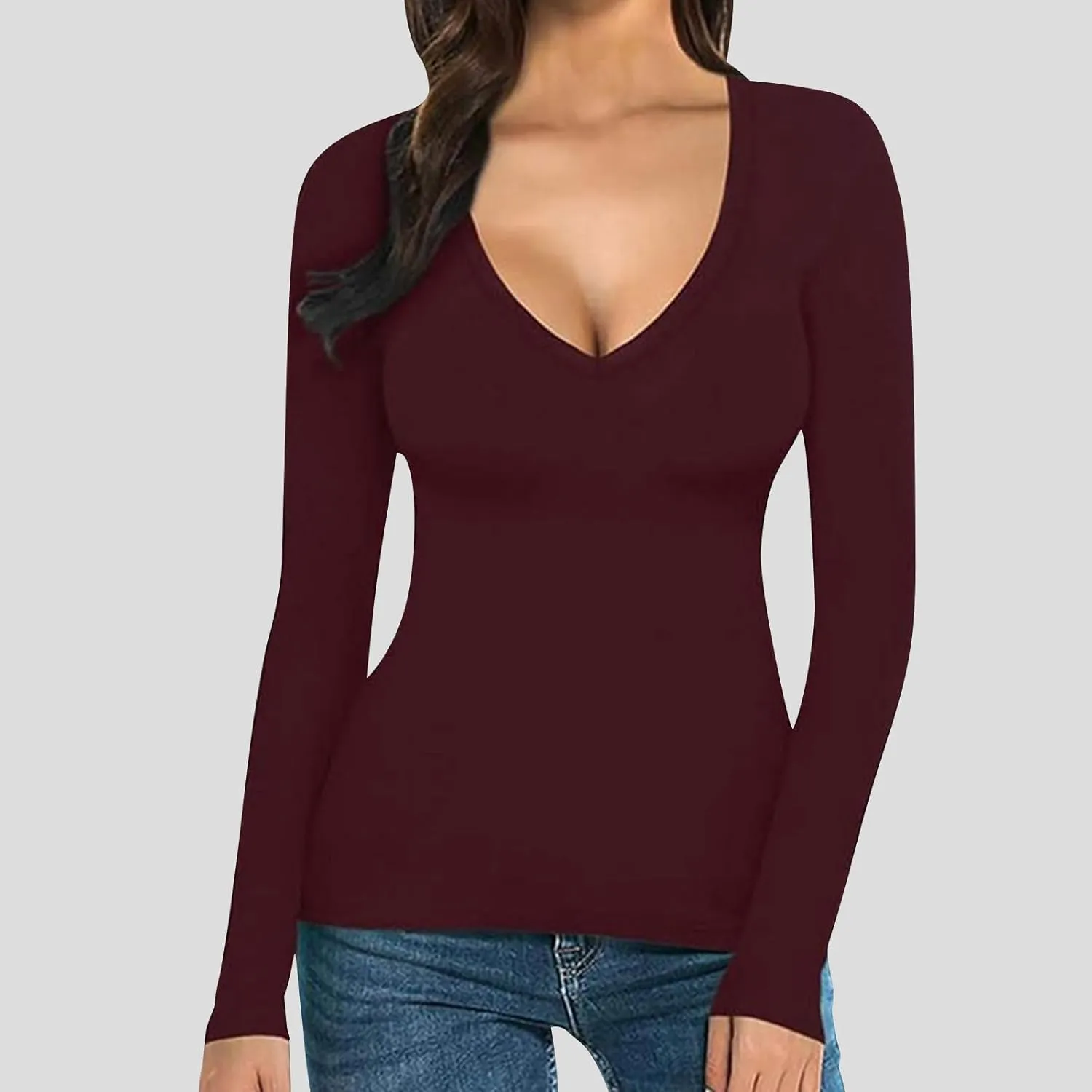 Long Sleeve Shirts for Women V Neck Basic Pullover Tops Lightweight Base Layer Slim Fit Top Thermal Undershirt