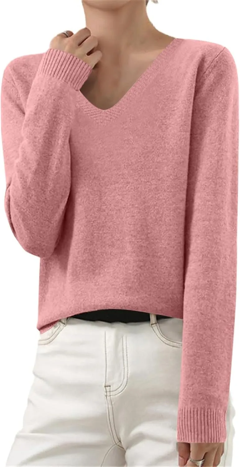 Long Sleeve Sweaters for Women Sexy v Neck Lightweight Knitted Sweater Tops Casual Loose Soft Pullover Jumper