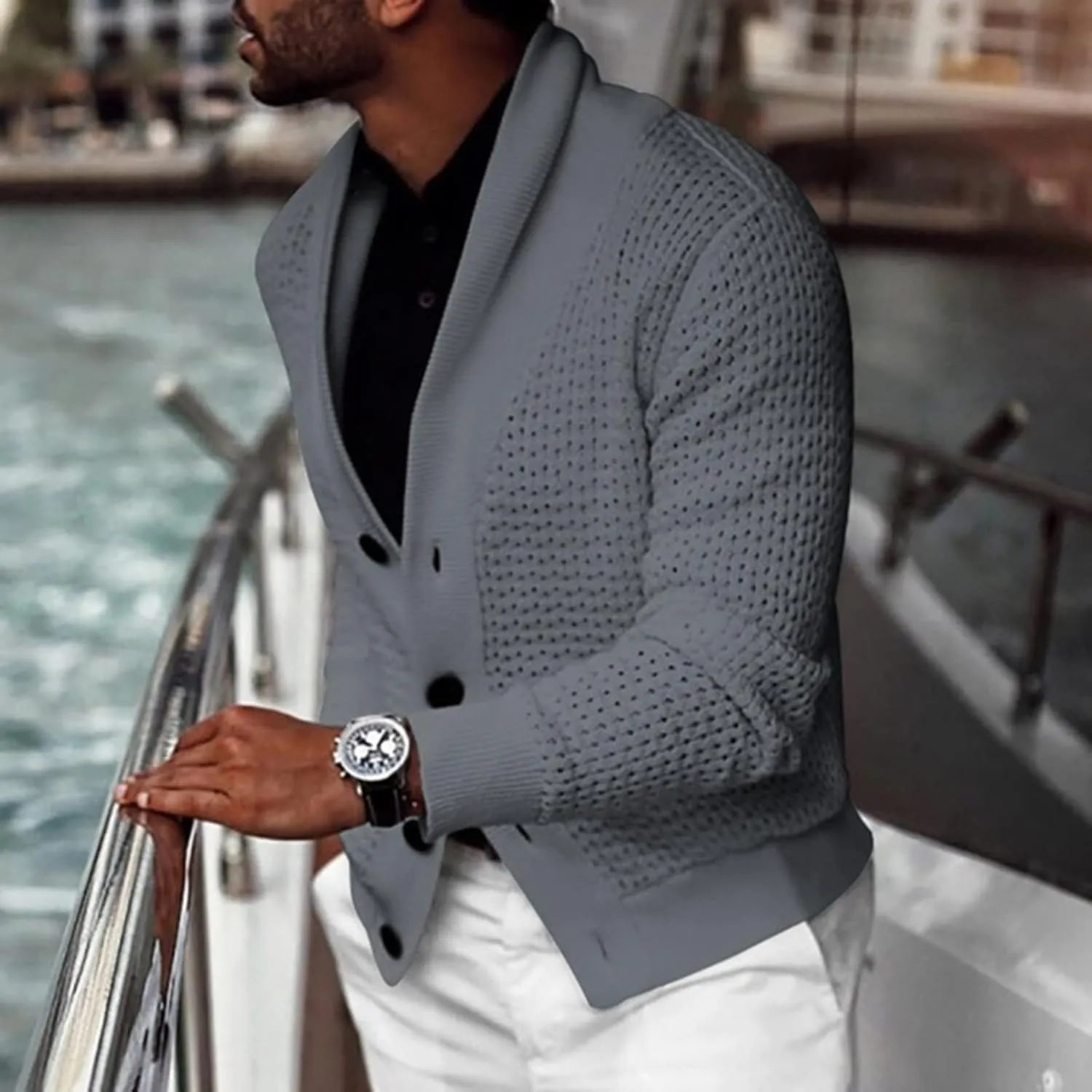 Men Shawl Collar Cardigan Sweater Button Down Cable Knitted Sweater Long Sleeve Jumper Slim Fit Knitwear Casual Jacket