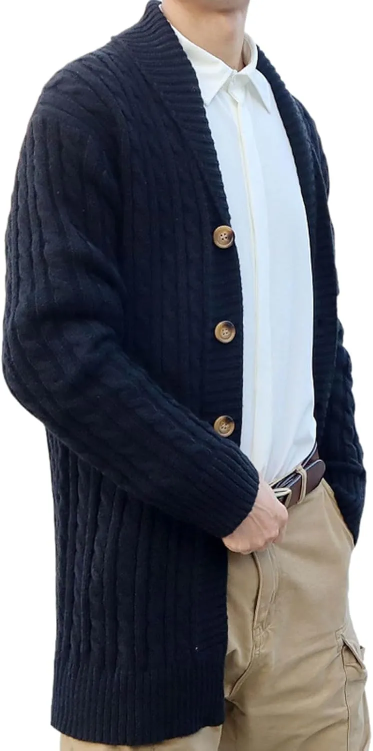 Mens Casual Cardigan Sweaters Long Sleeve Shawl Collar Button Down Cable Knit Sweaters Soft Slim Fit Fall Winter Coats