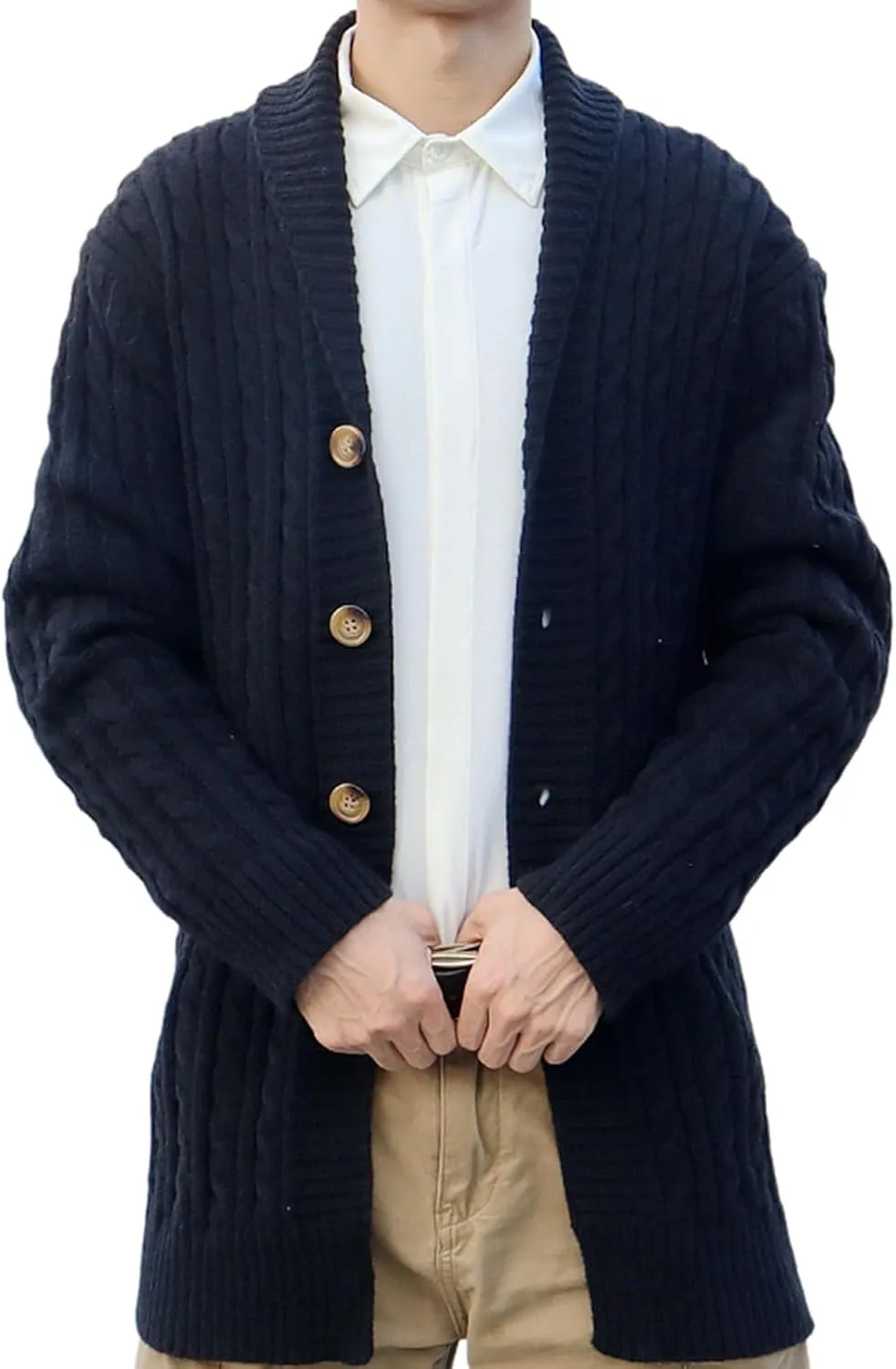 Mens Casual Cardigan Sweaters Long Sleeve Shawl Collar Button Down Cable Knit Sweaters Soft Slim Fit Fall Winter Coats