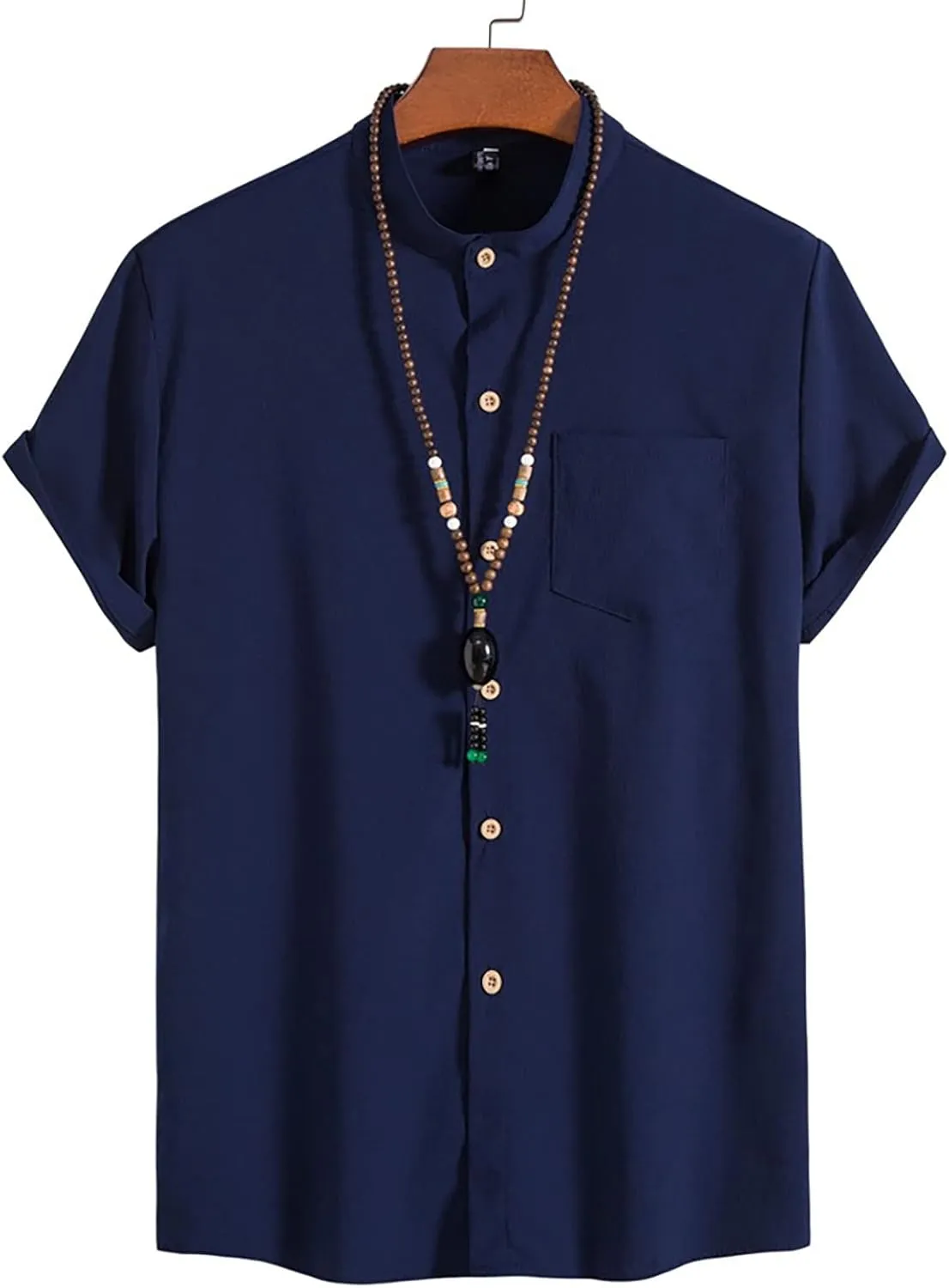Mens Short Sleeve Button Up Shirts Linen Cotton Beach Tops Spread Collar Plain Summer T Shirt with Pocket