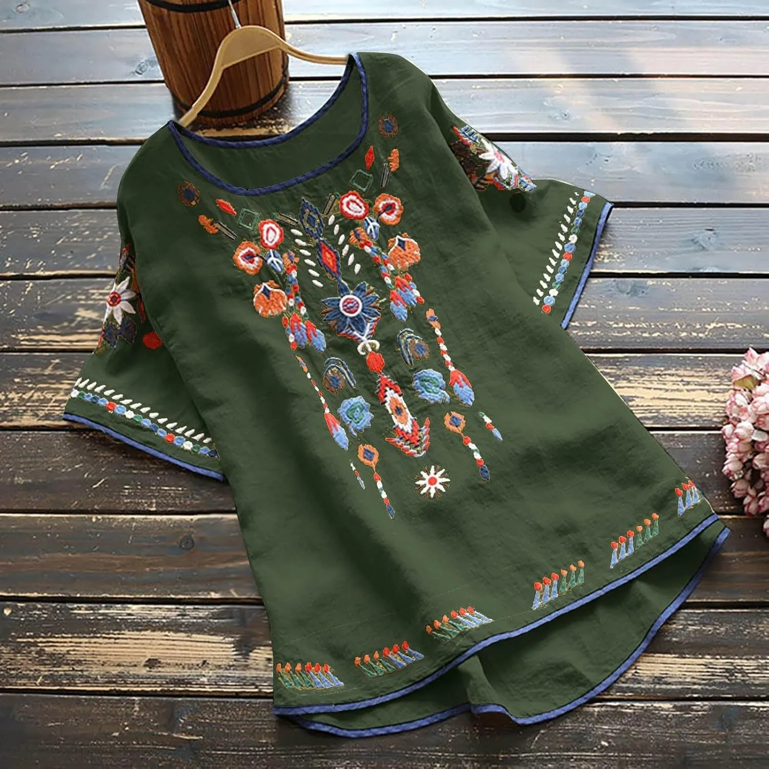 Mexican Embroidered Shirts for Women Boho Tops Loose Short Sleeve Bohemian Blouses Peasant Summer Outfits