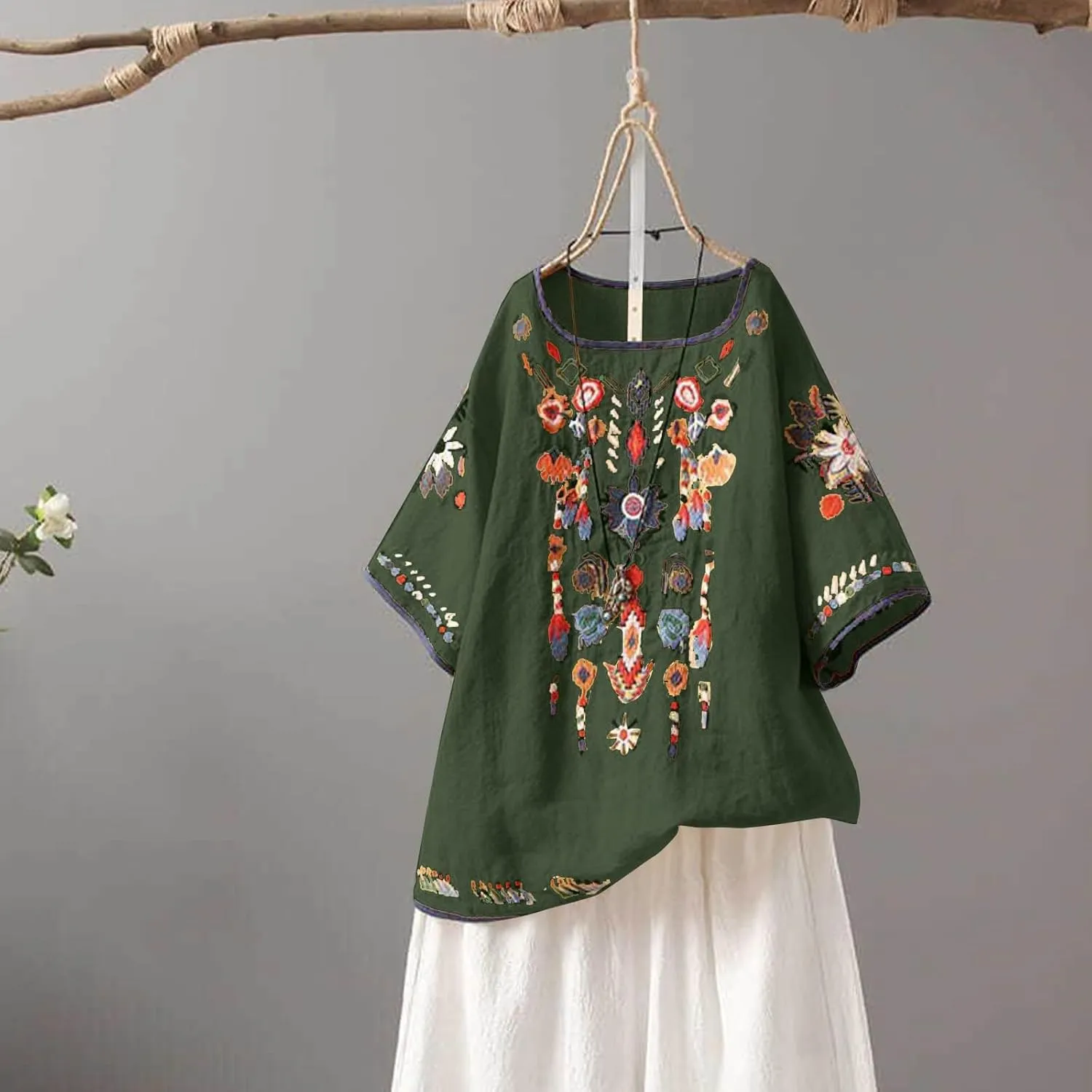 Mexican Embroidered Shirts for Women Boho Tops Loose Short Sleeve Bohemian Blouses Peasant Summer Outfits