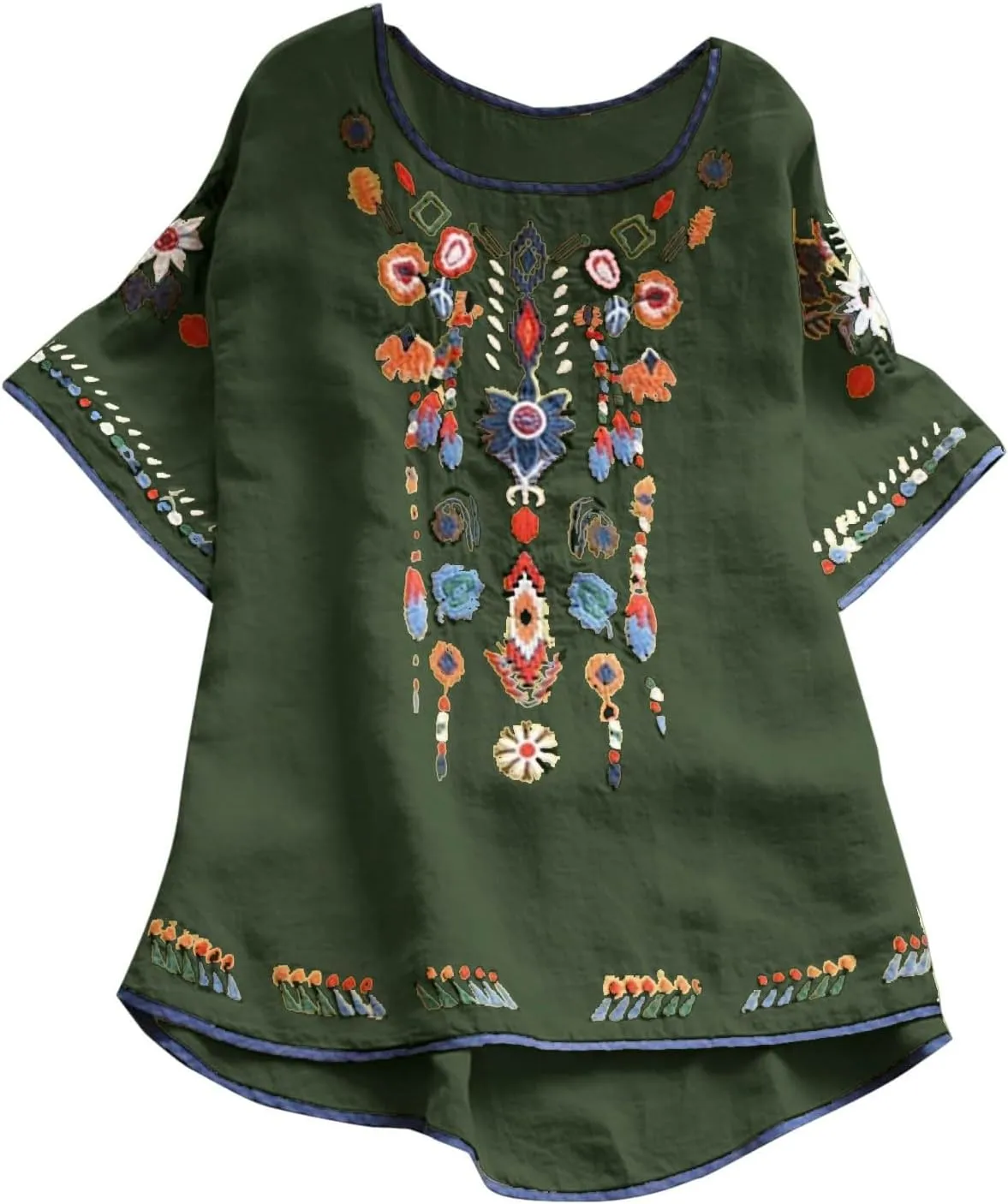 Mexican Embroidered Shirts for Women Boho Tops Loose Short Sleeve Bohemian Blouses Peasant Summer Outfits