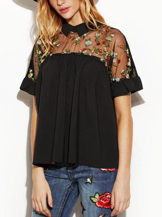 OEM ODM Lapel Collar Embroidered Short Sleeve Ruffle Hem Black Top