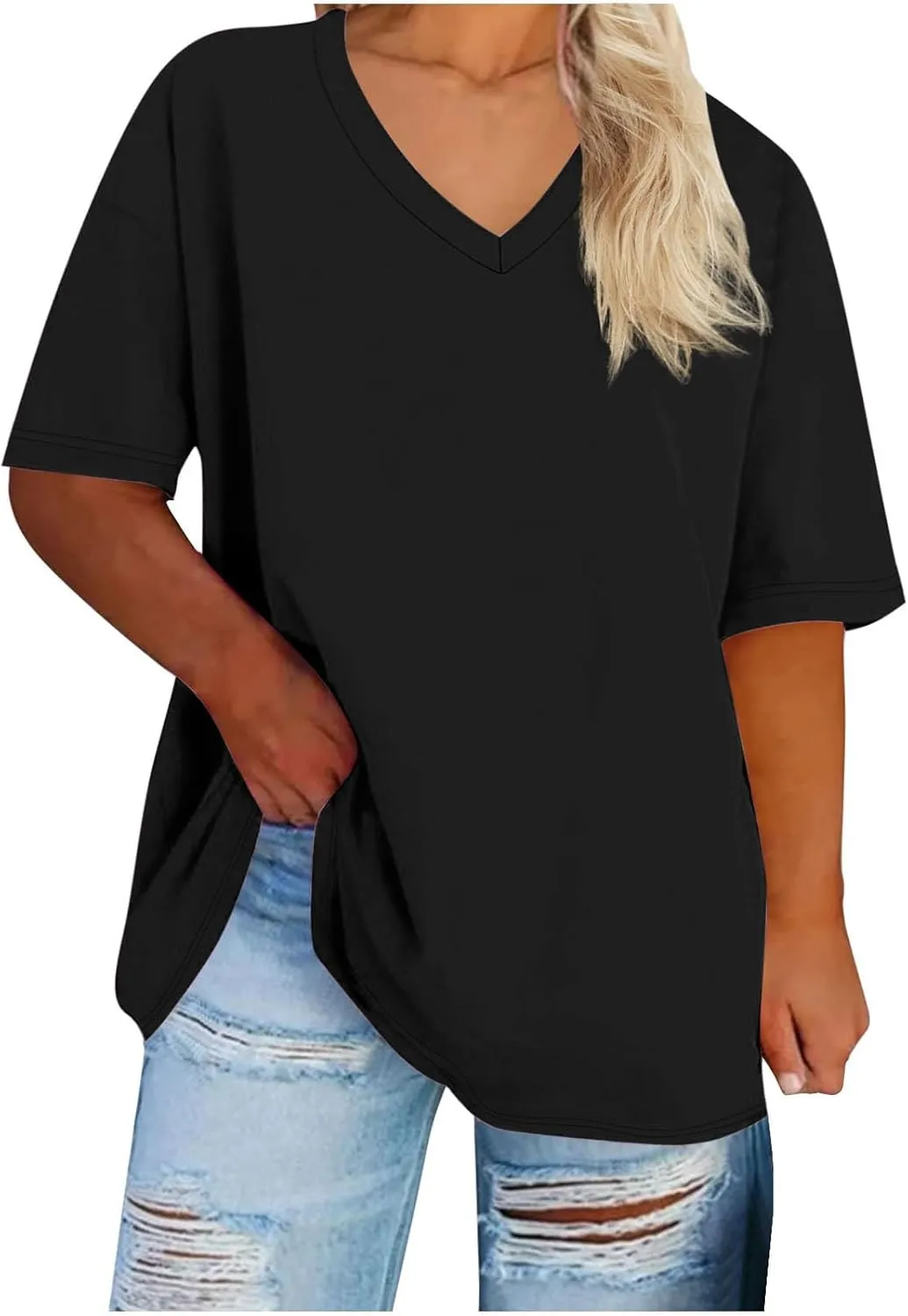 Plus Size Oversized T Shirts Women Fahsion V Neck Short Sleeve Drop Shoulder Tshirt Casual Summer Tunic Tops