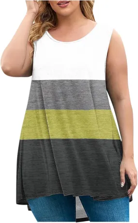 Plus Size Tank Tops for Women Dressy Loose Fit Colorblock Sleeveless Long Shirt Casual Fashion Summer Tunic Tanks