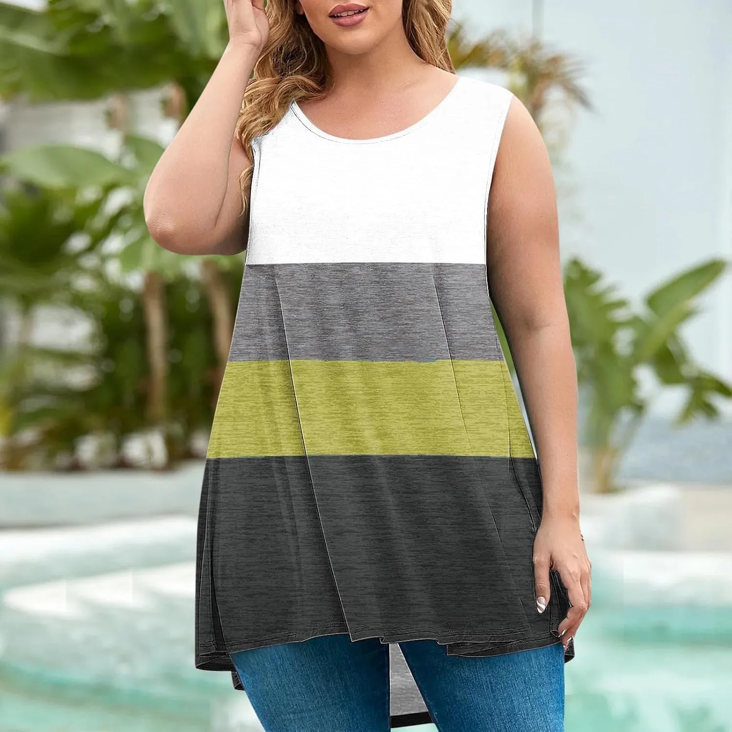 Plus Size Tank Tops for Women Dressy Loose Fit Colorblock Sleeveless Long Shirt Casual Fashion Summer Tunic Tanks