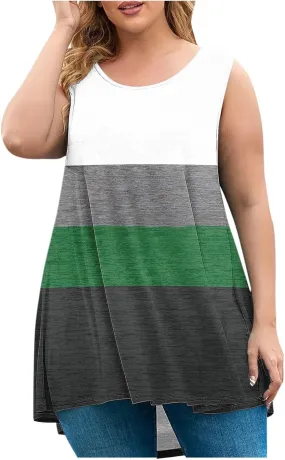 Plus Size Tank Tops for Women Dressy Loose Fit Colorblock Sleeveless Long Shirt Casual Fashion Summer Tunic Tanks
