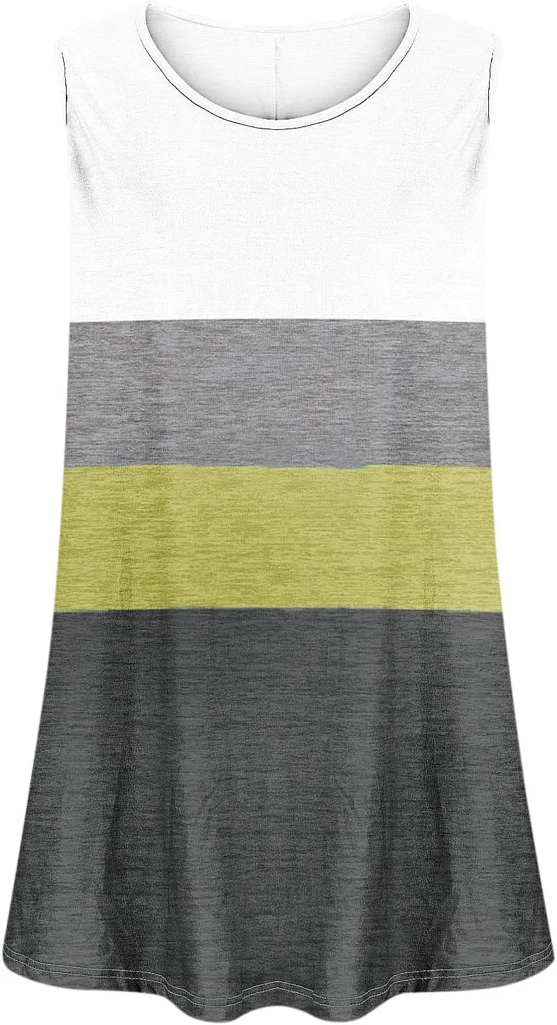 Plus Size Tank Tops for Women Dressy Loose Fit Colorblock Sleeveless Long Shirt Casual Fashion Summer Tunic Tanks
