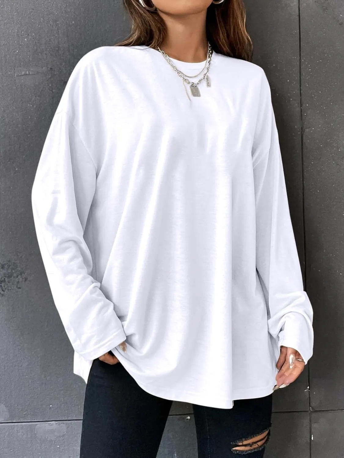 Remidoo Women's Long Sleeve Oversized Tee Crewneck Plain Drop Shoulder Pullover T Shirt